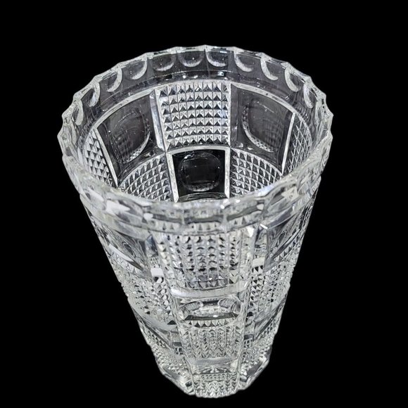 Vintage Lead Crystal Glass Circle Square Patterned Vase Thumbprint 8" Tapered - Picture 5 of 9